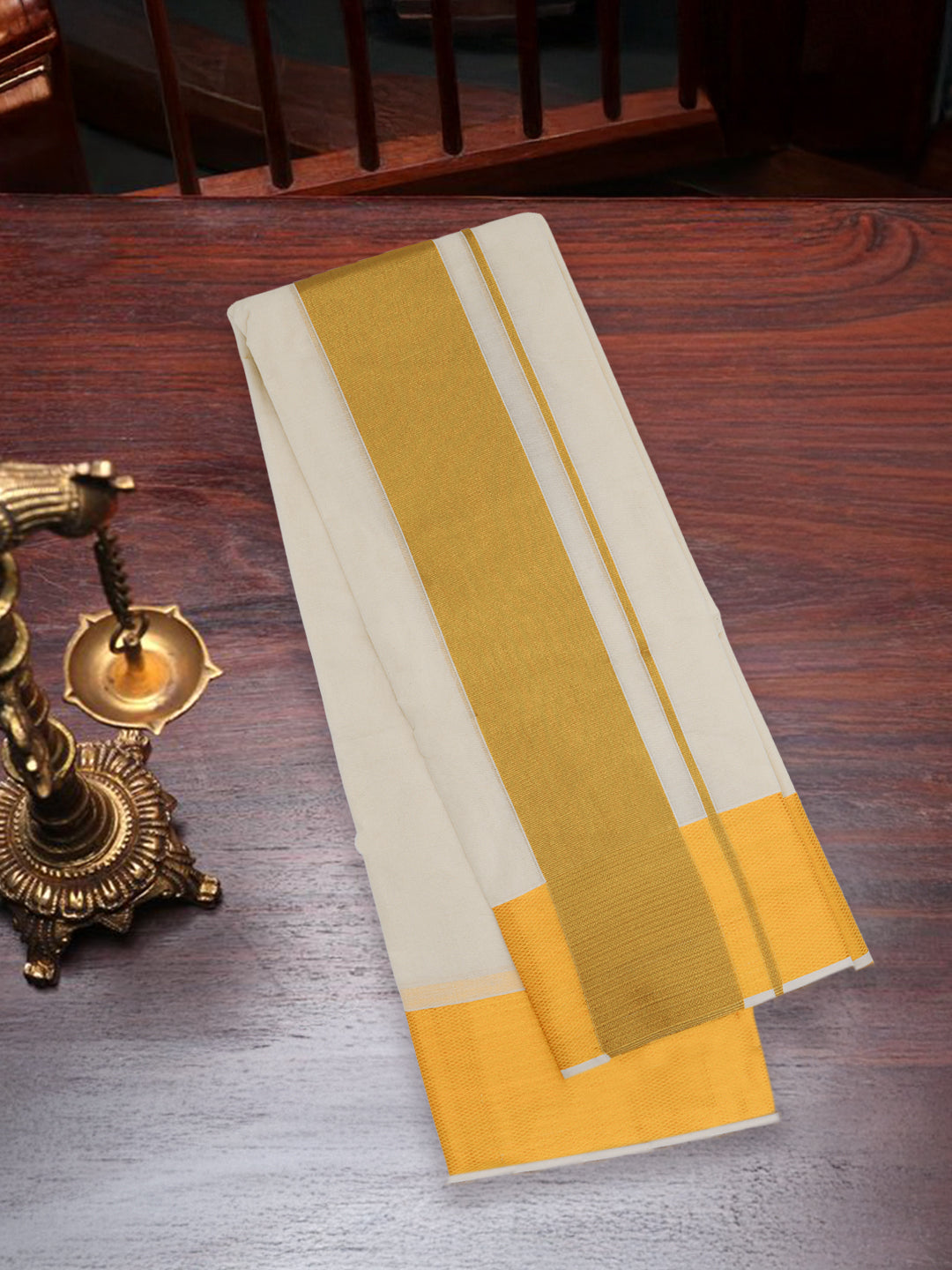 Men Kora Cotton Gold Jari Border Panchakacham with Angavasthram (9+5)