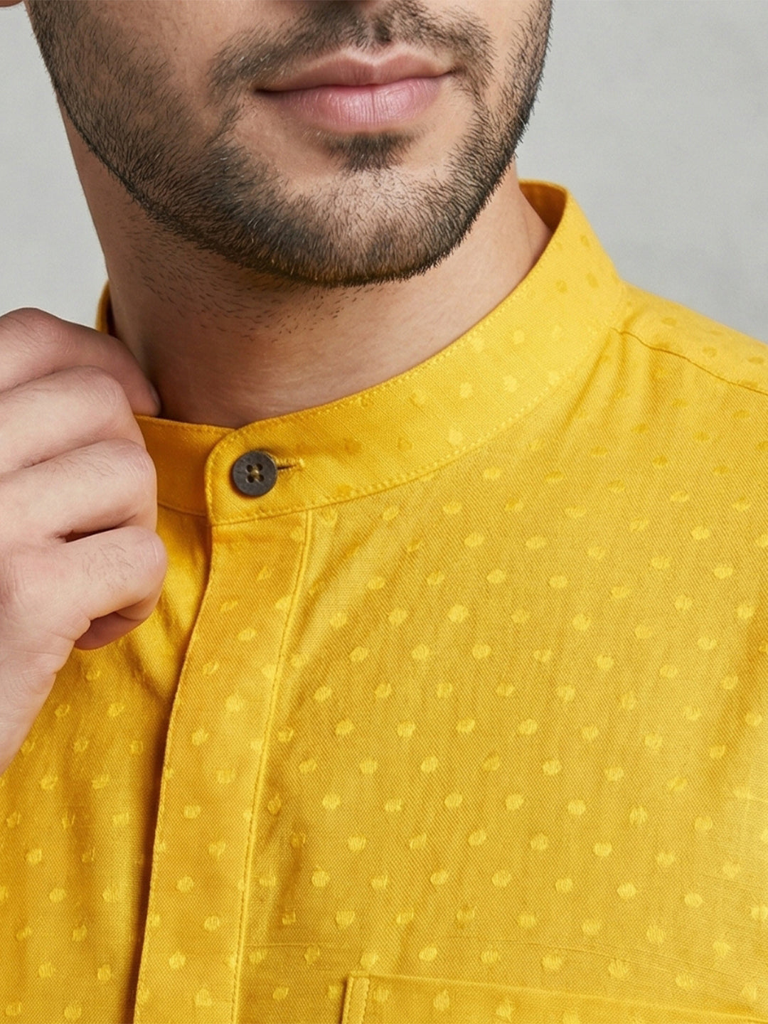 Cotton Short Length Self Design Pocket Kurta Dotted Yellow Y32