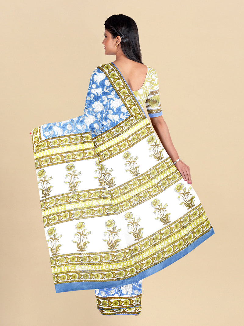 Womens Blue & Off White Flower Printed Pure Cotton Saree PCS31
