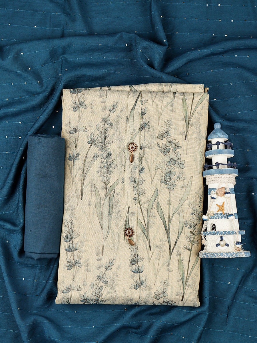 Women Green & Blue Flower Digital Print Unstitched Semi Raw Silk Cotton Dress Material DM107
