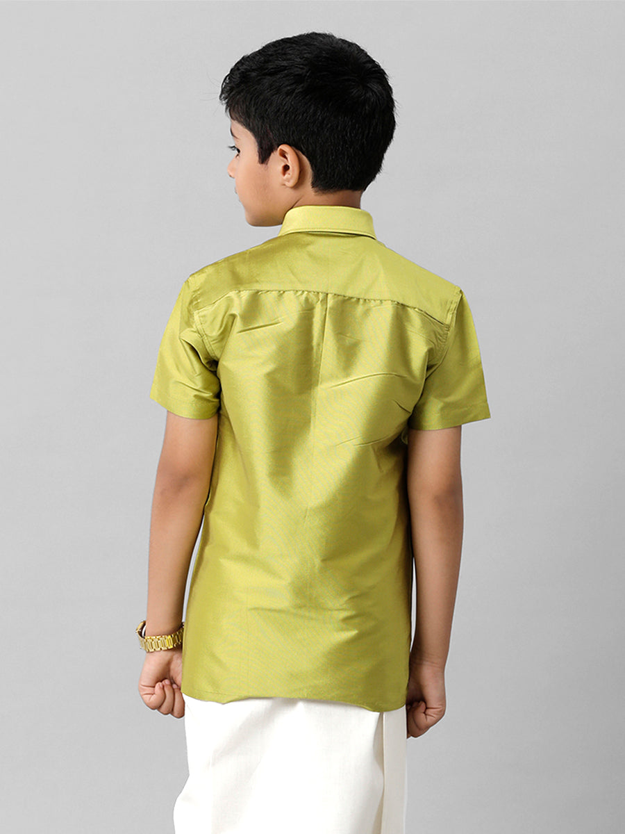 Boys Silk Cotton Lemon Green Half Sleeves Shirt K44-Back view