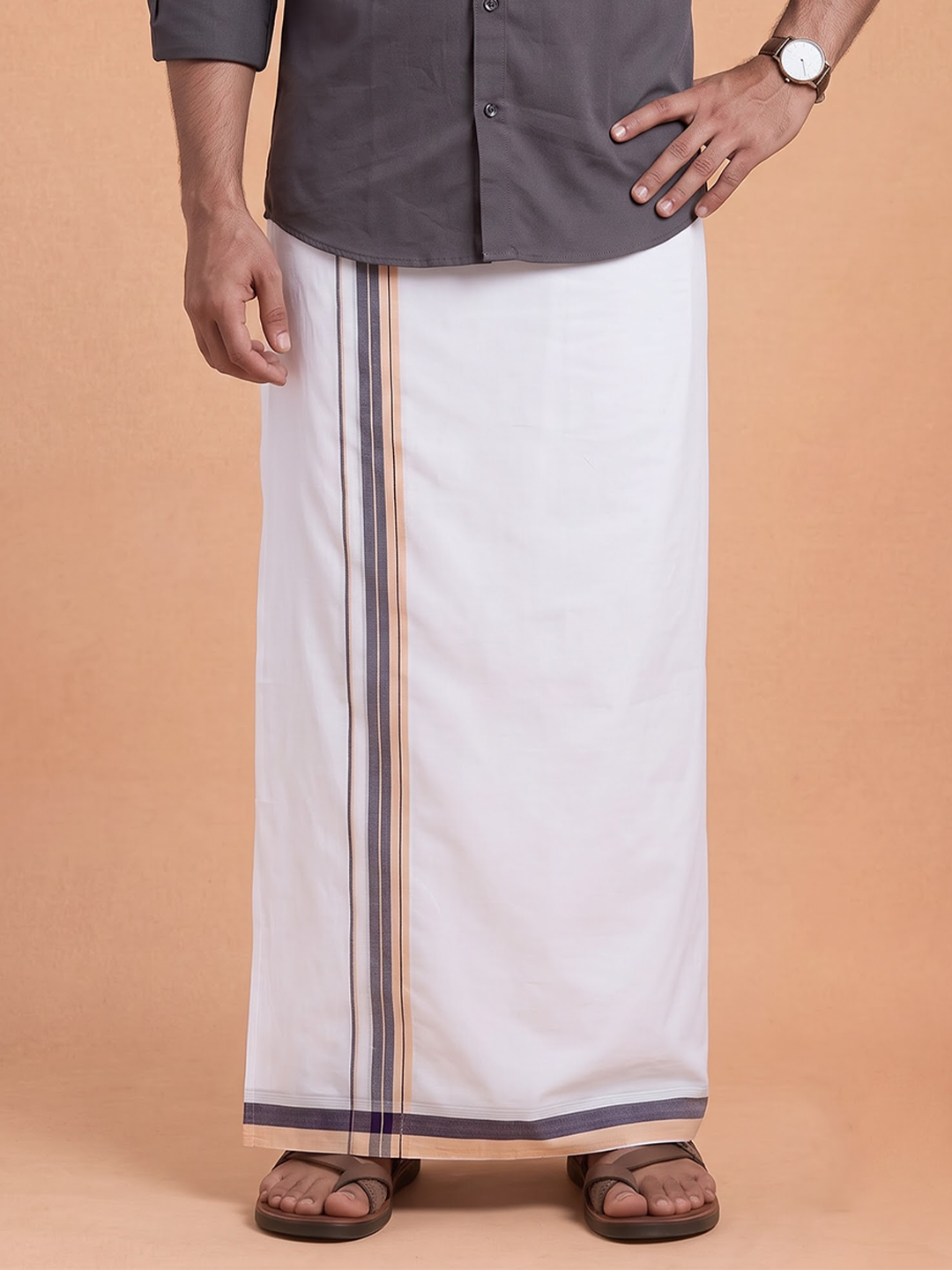 Double Layer 100% Cotton White Dhoti With Colour Jari Border - EJF26