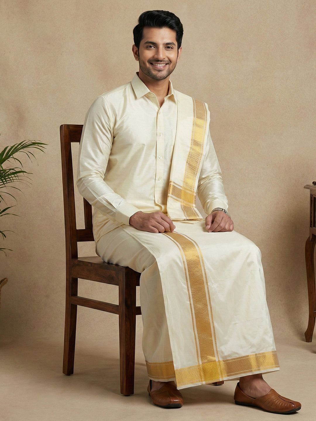 Men Art Silk Shirt & Dhoti Towel Set Butterscotch Bandham BSD1