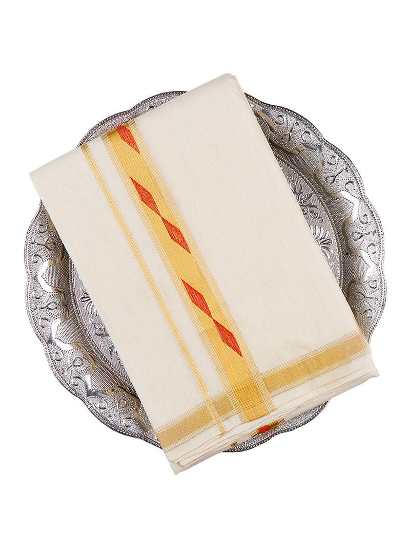 Mens Premium Handloom Cream Double Dhoti with Fancy Gold Jari Border 11051-55112