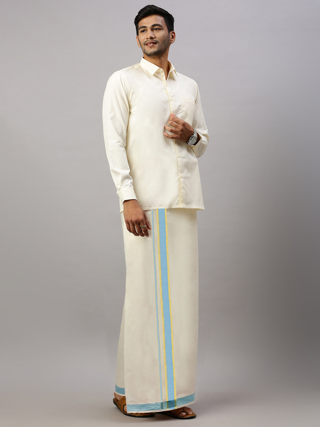 Men Blue Jari Fancy Border Double Layer Kora Dhoti EGJ03