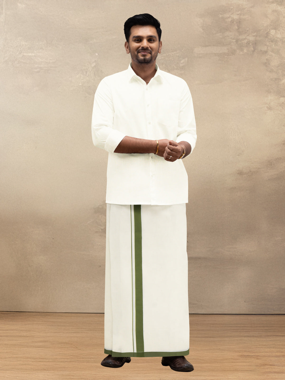 Men Kora Cotton Double Layer Dhoti with Green Fancy Border VKF09