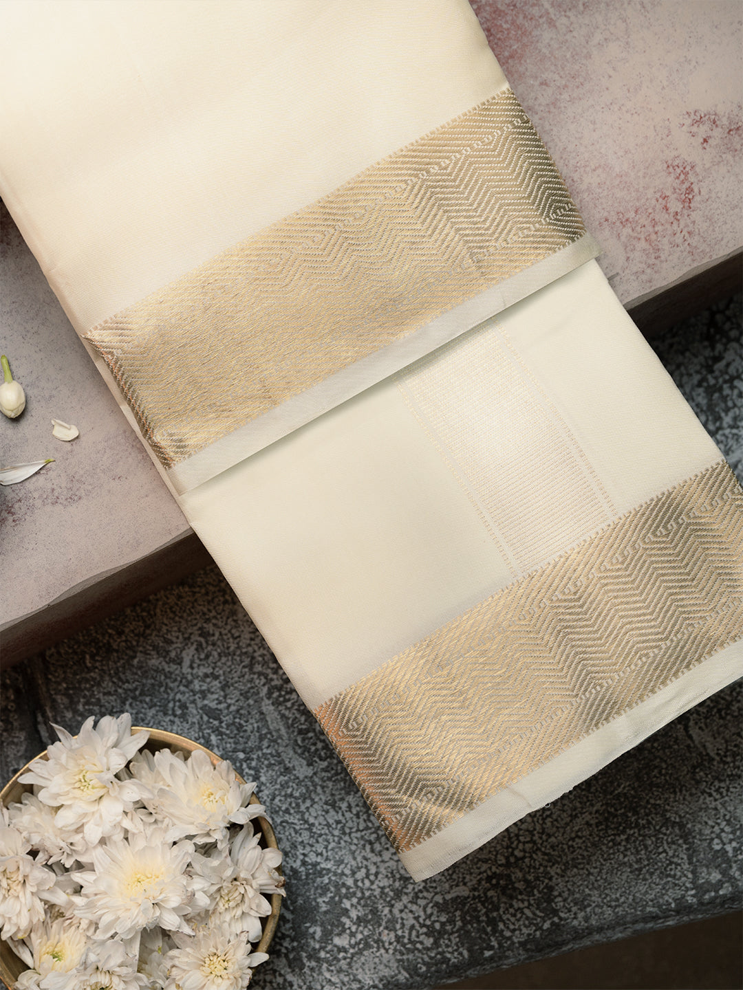 Pure Silk Cream Dhoti with 3" Gold Jari Border - Kalasam