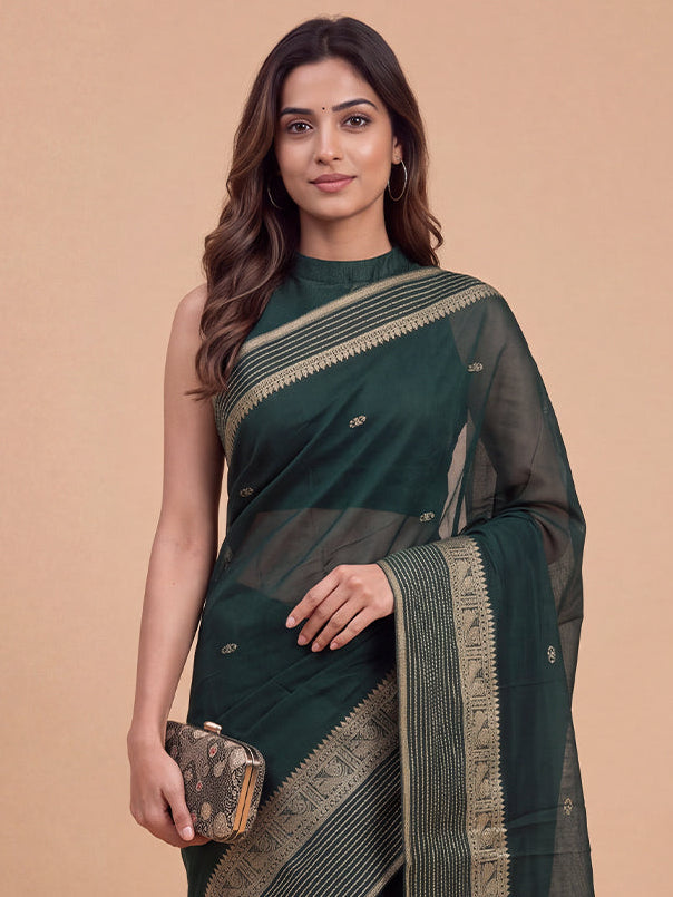Women Mercerised Cotton Dark Green Embroidered Saree PCS295