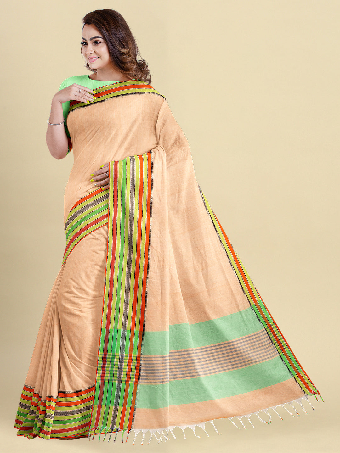 Womens Pure Cotton Plain Orange with Green Saree PCS18