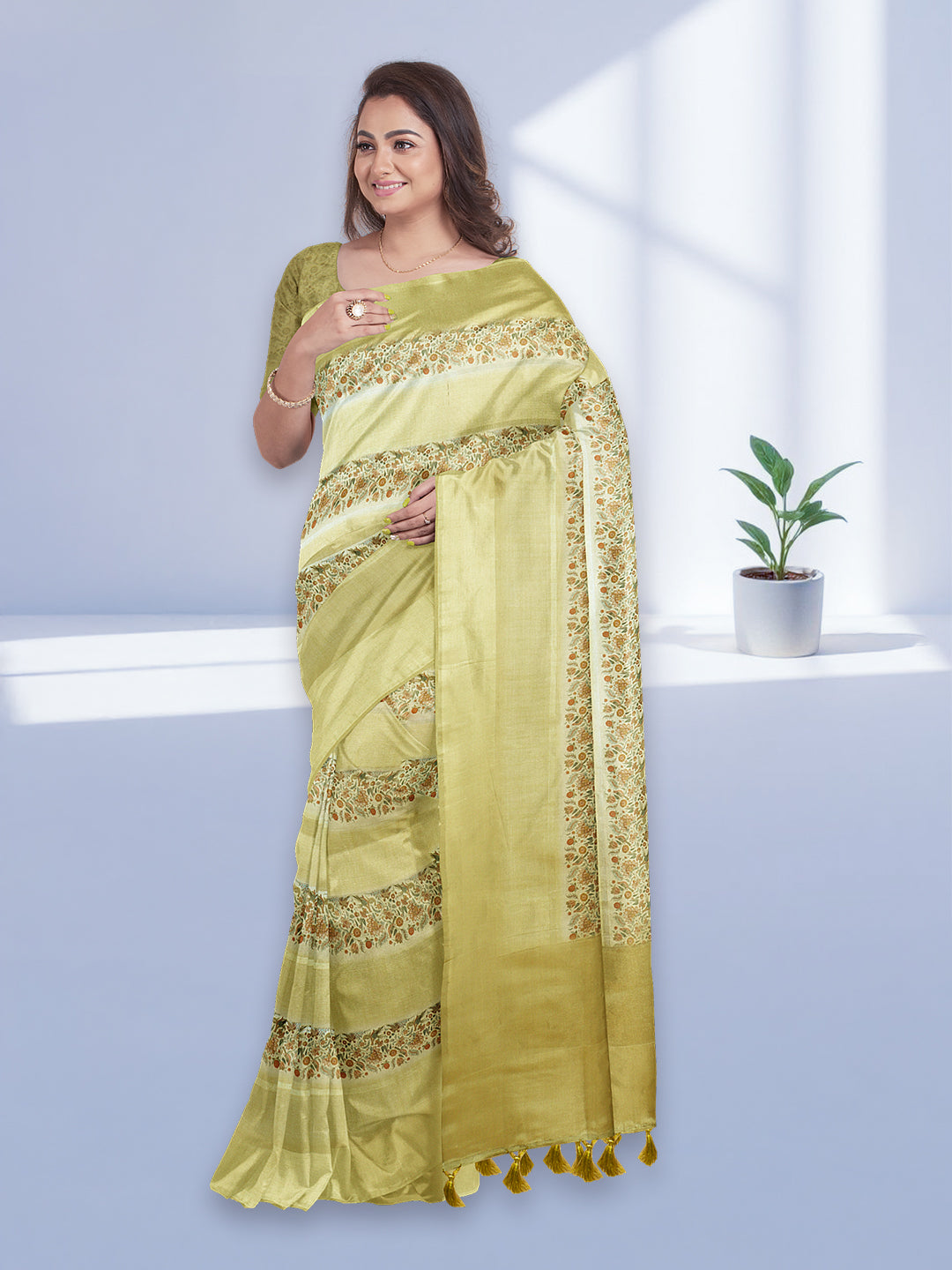 Women Yellow Semi Tussar Printed Saree ST280