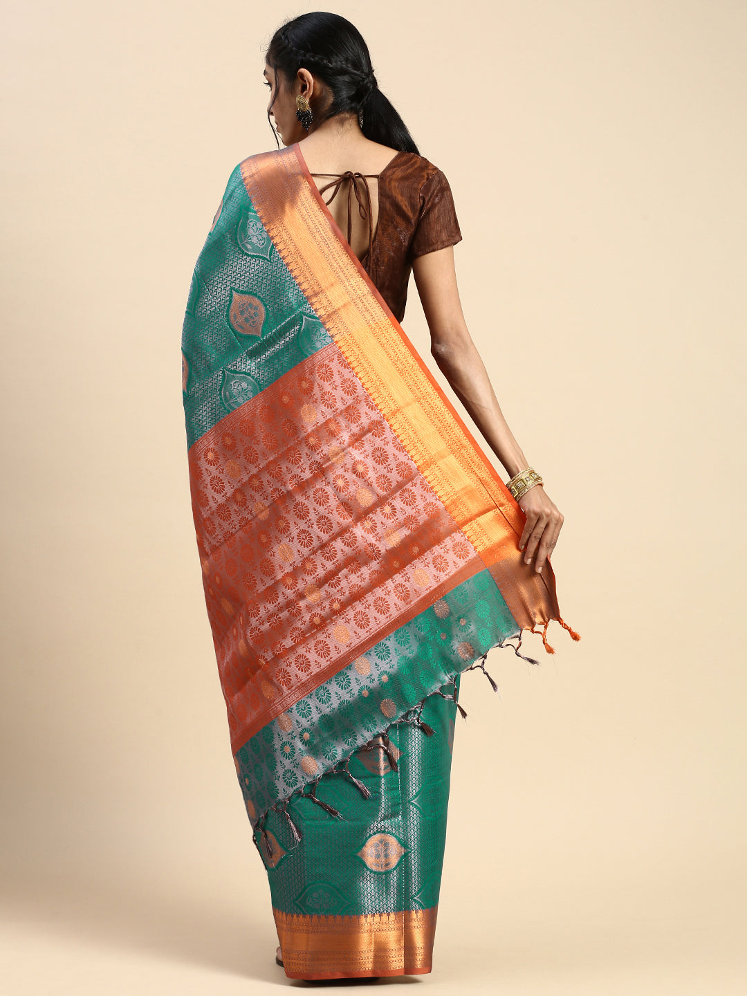 Womens Semi Silk Checked All Over Design Green & Copper Jari Border Saree AS04-Back view
