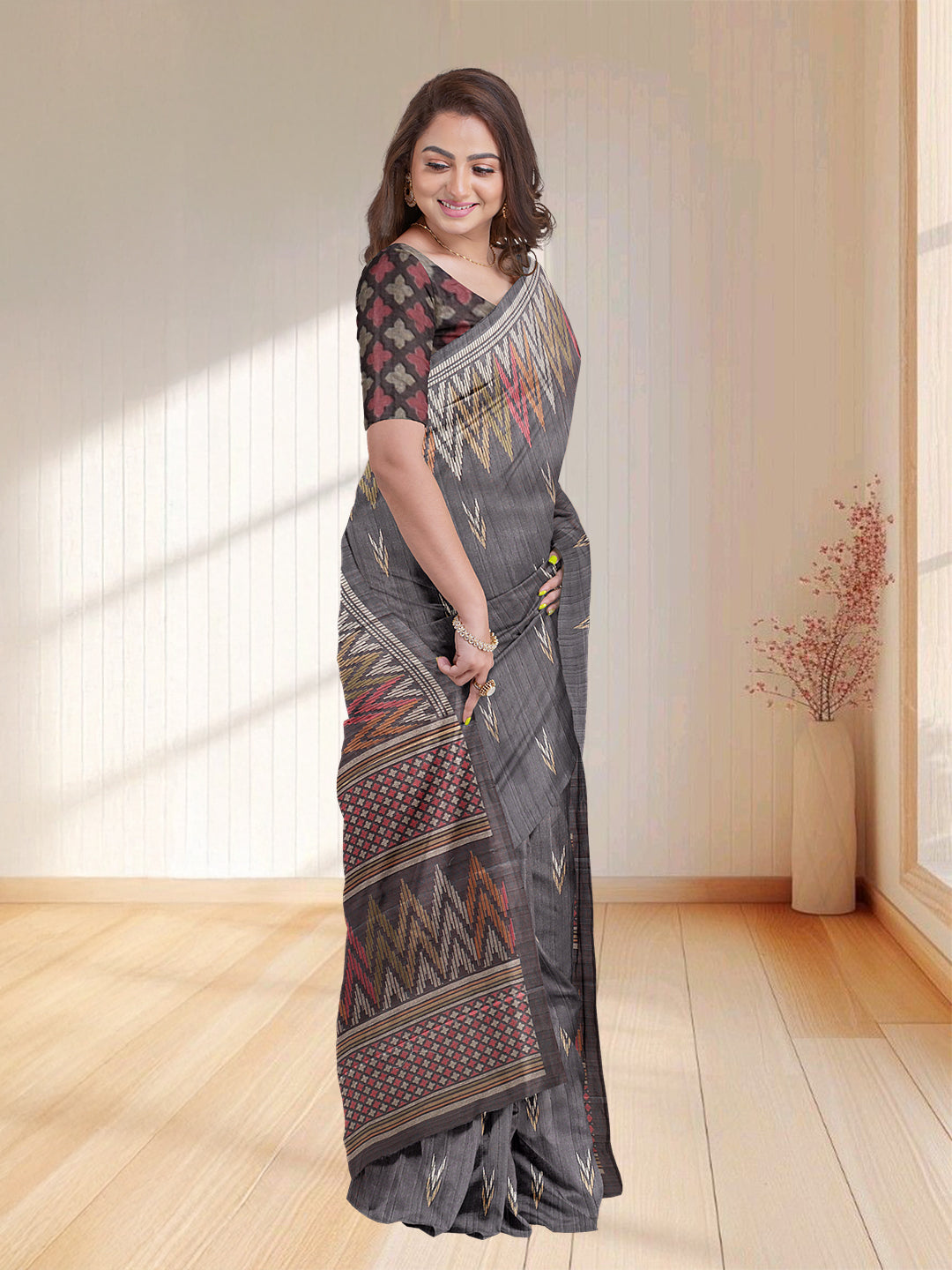 Women Dark Grey Semi Tussar Printed Saree ST264