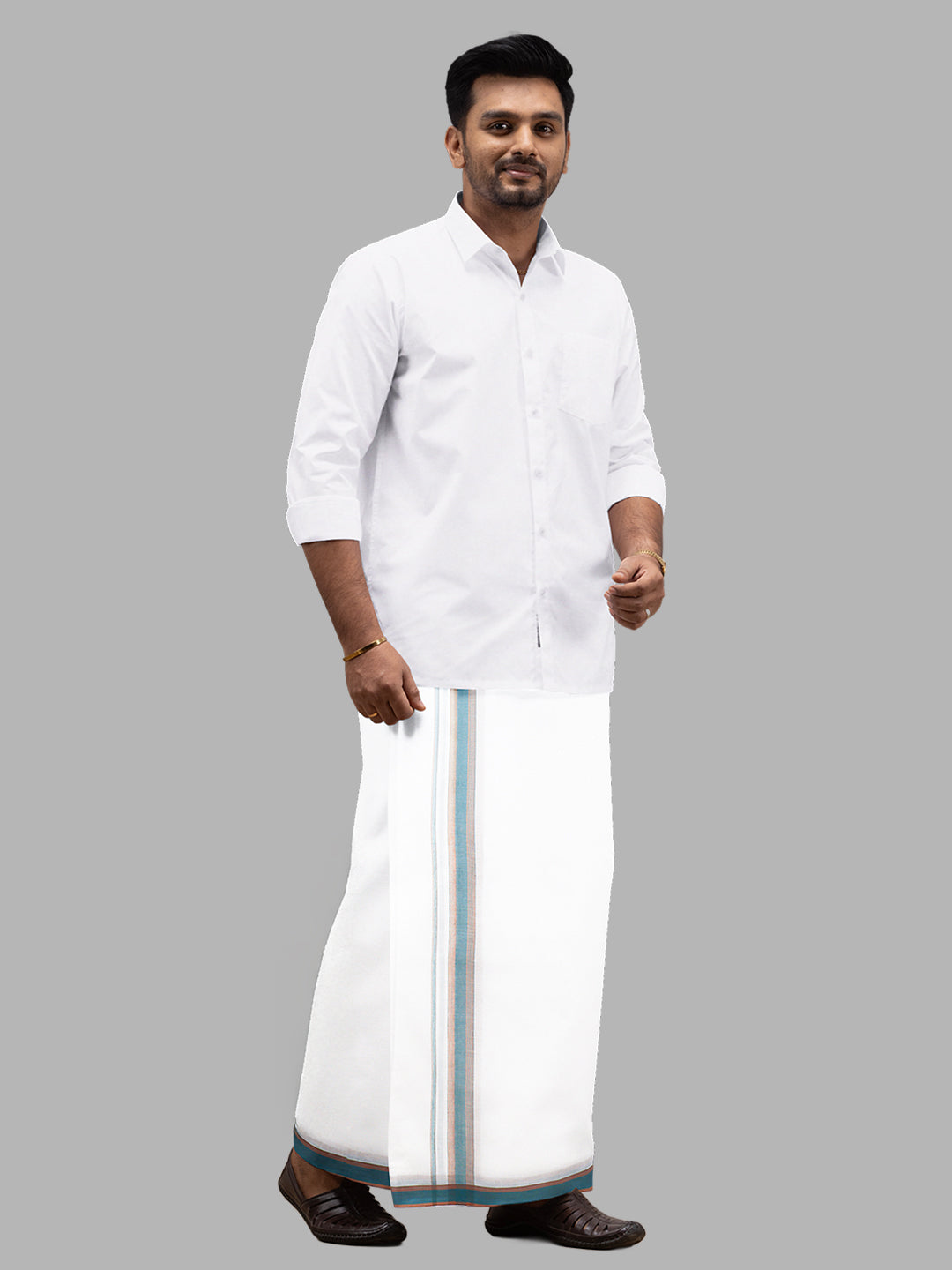 Men Green Fancy Border Double Layer White Dhoti RVS03