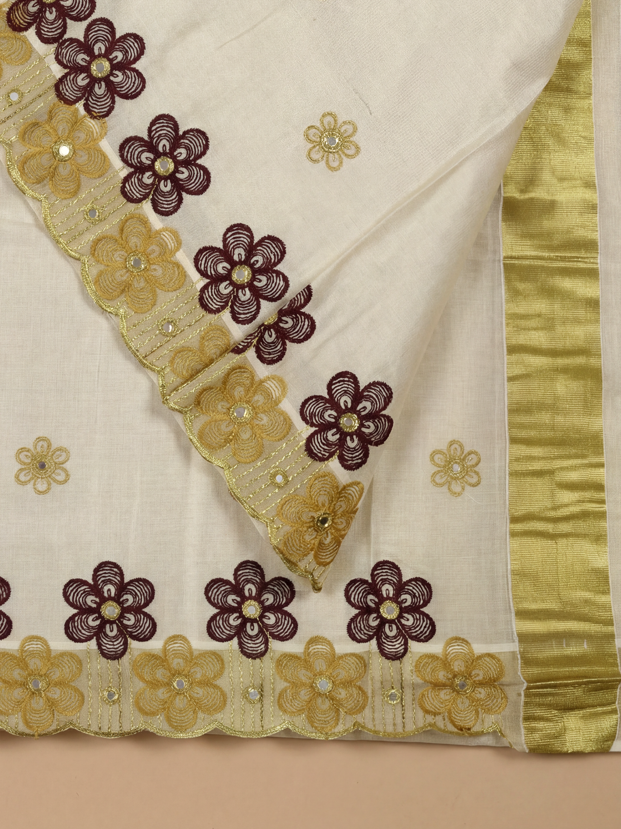 Women Tissue Cream Embroidered Kerala Saree KLS12