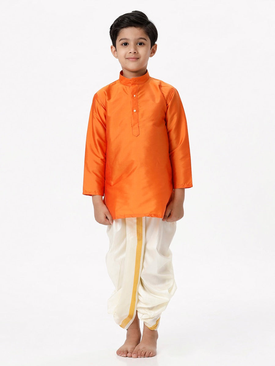 Boys Silk Cotton Full Sleeves Orange Kurta with Panchakacham Combo