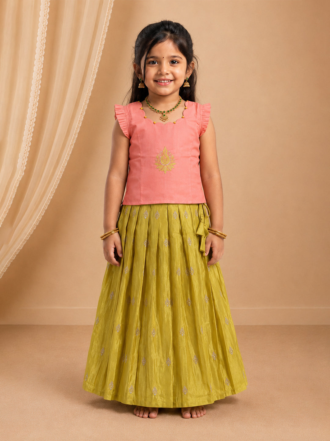 Girls Silk Cotton Peach Pattu Pavadai Set GPS40