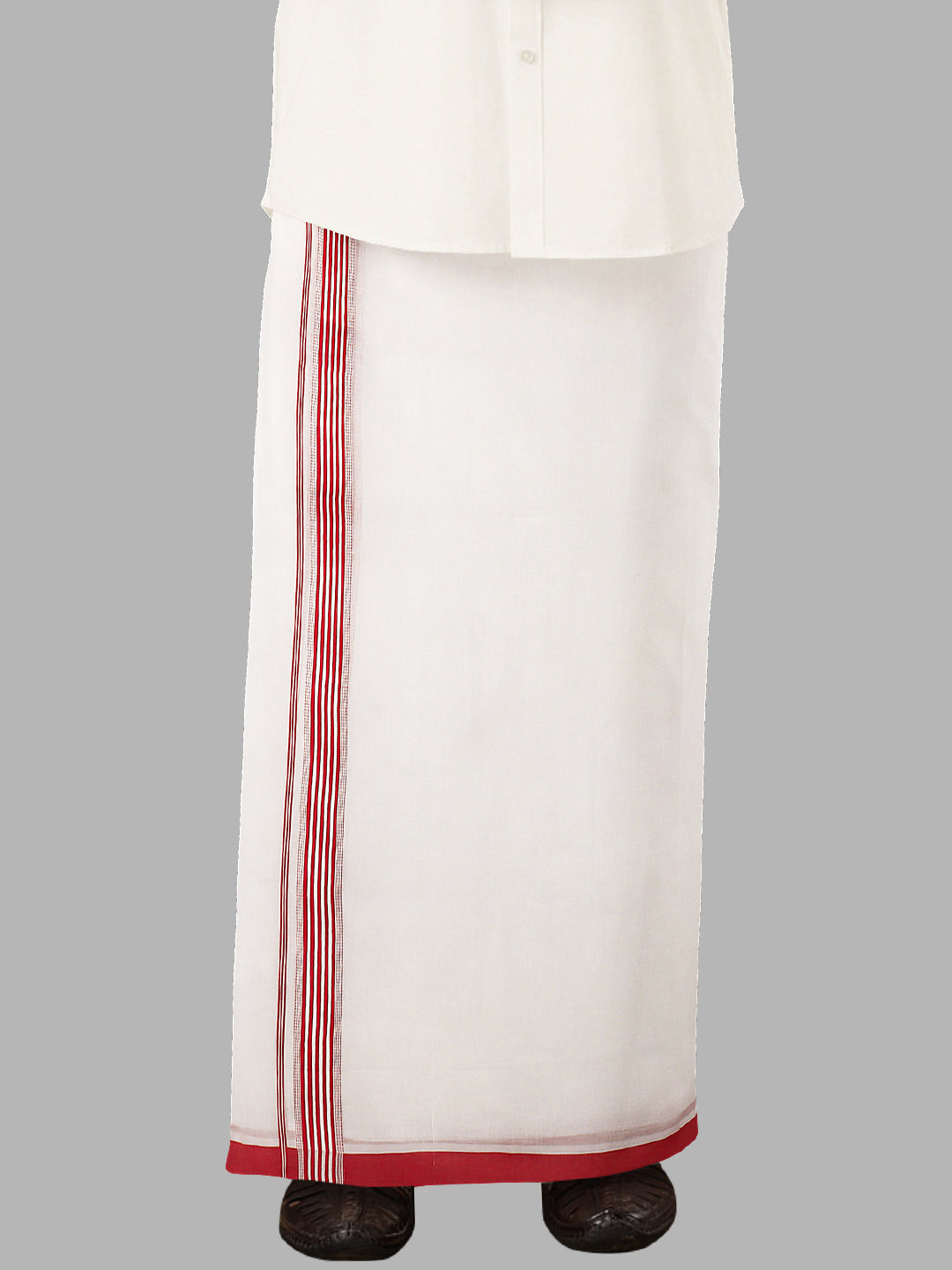 Men Red Fancy Border Double Layer White Dhoti RF02