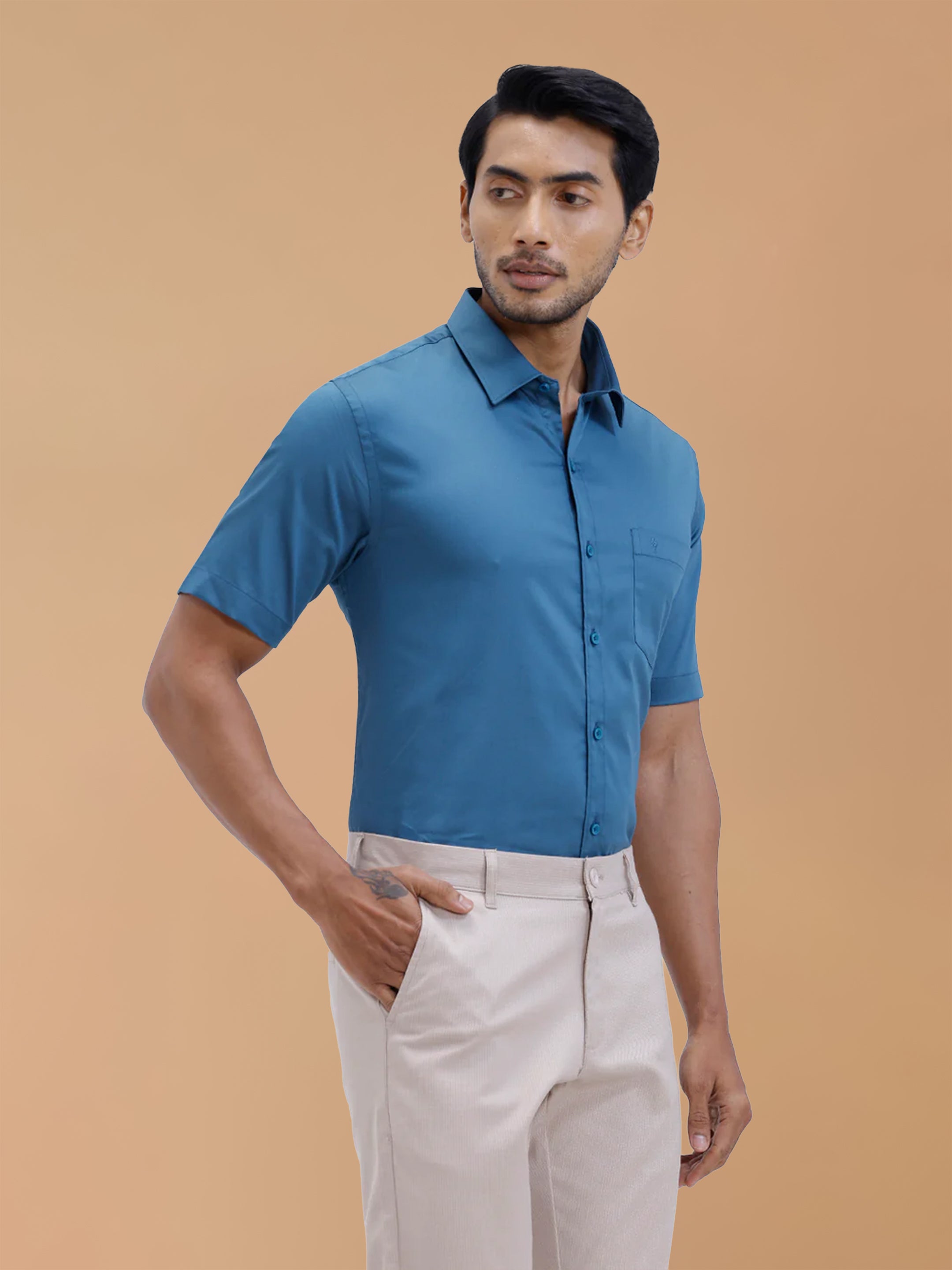 Cotton Rich Peacock Blue Regular Fit Shirt T53 ACT3