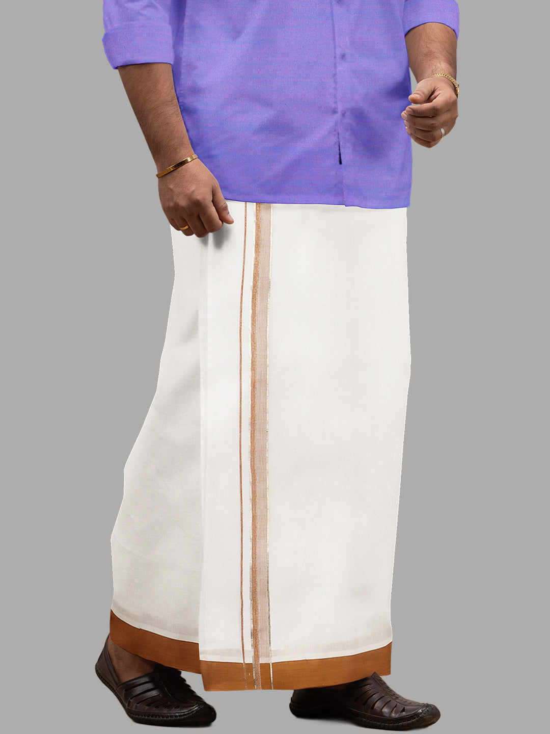 Men White with Brown Fancy Jari Border Single Layer Dhoti HJF03