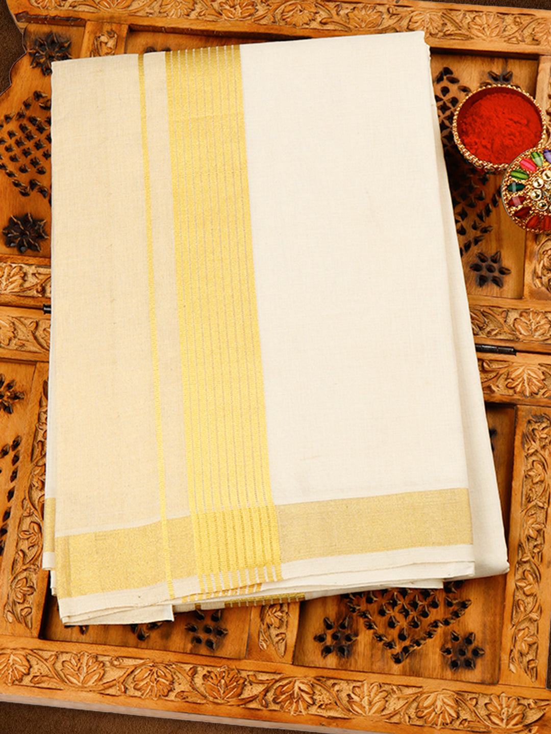 Mens Premium Handloom Cotton & Tissue Double Dhoti with Gold Jari Border 110512