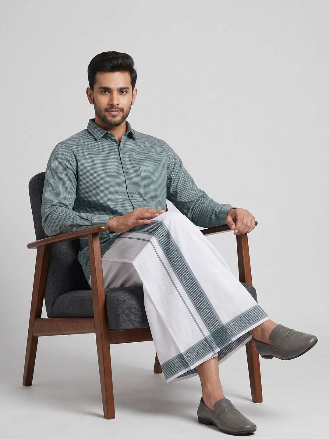 Men Seafoam Green Matching Border Dhoti With Printed Shirt Set Windsor HNJ3