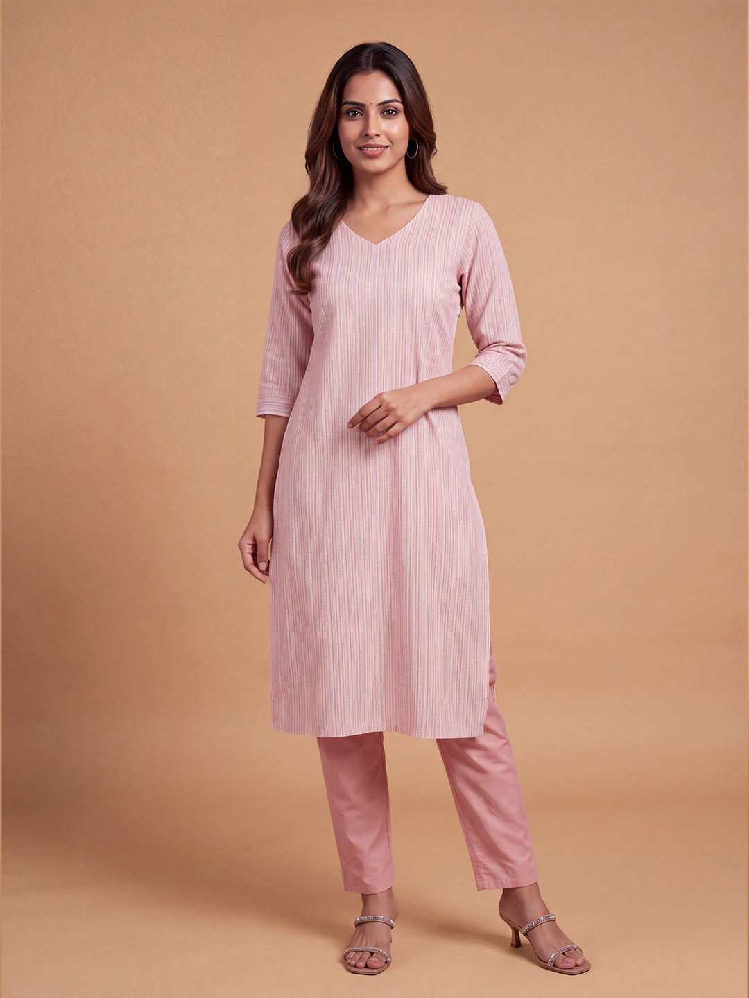 Women Embroidered Peach Kurti Set EKS151