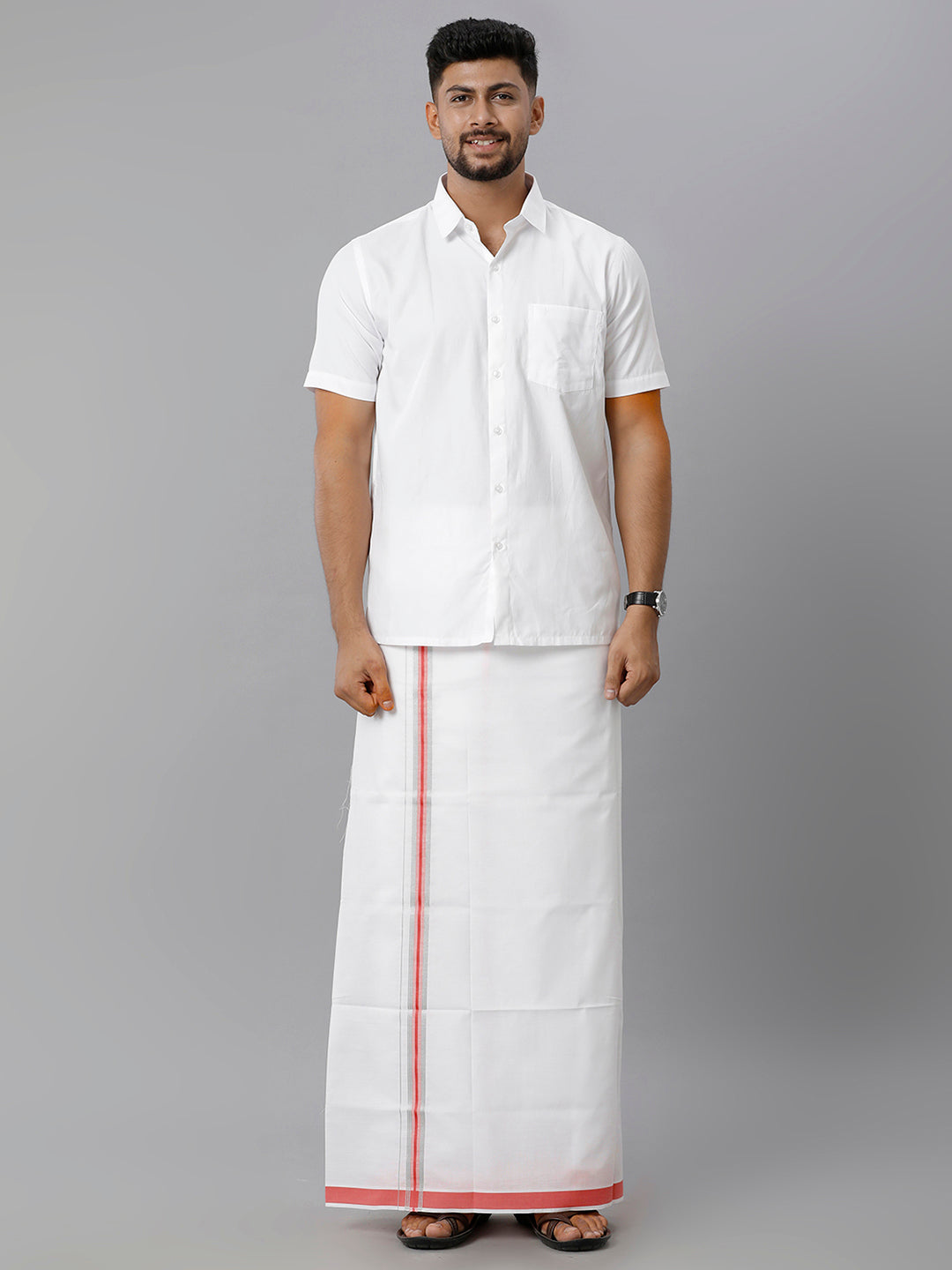 Mens Cotton White Single Dhoti with Red & Silver Border Winner Silver Fancy-Full View