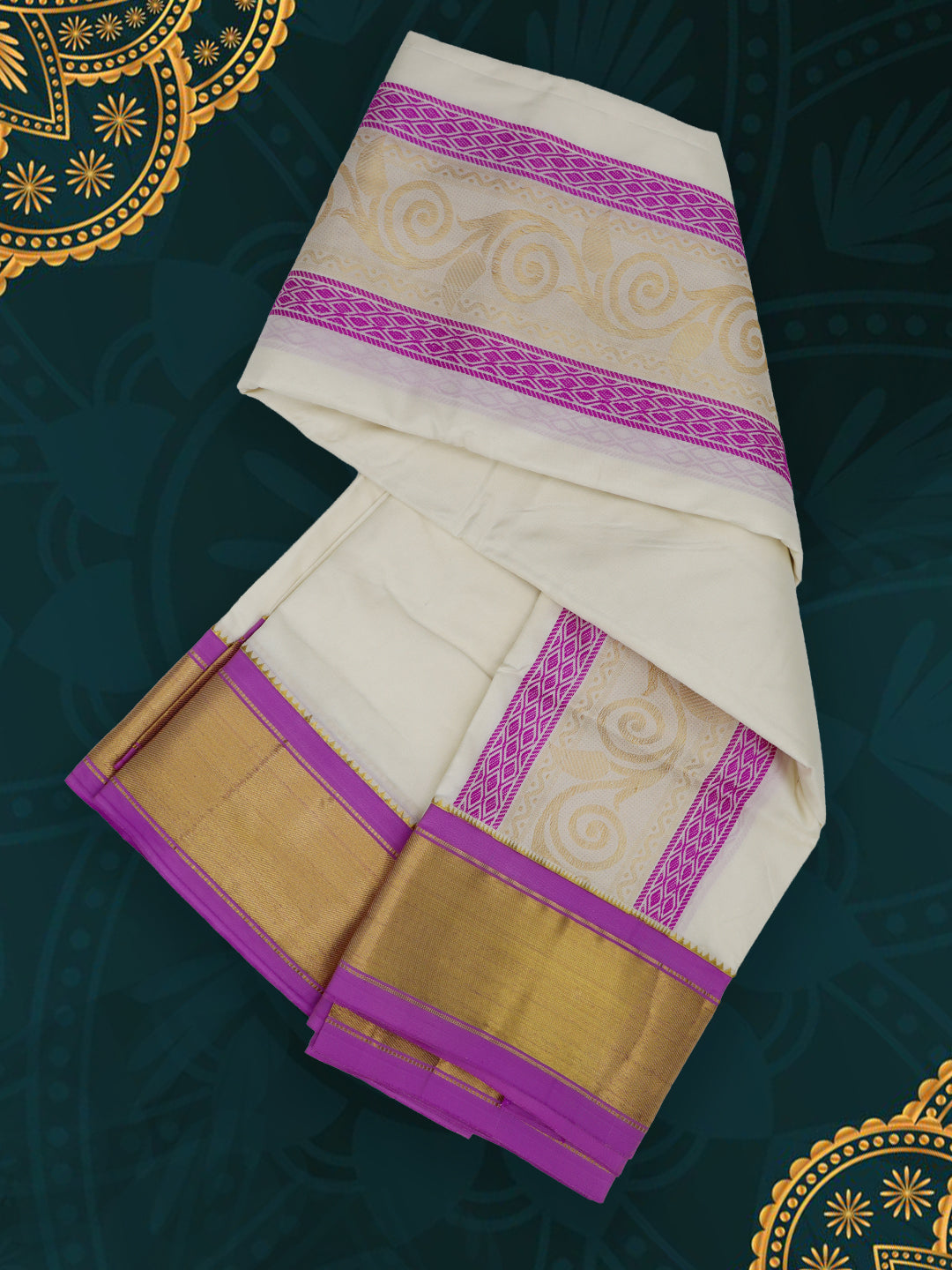 Men Pure Silk Cream Dhoti & Towel Set with 3" inch Fancy Jari Border TK25