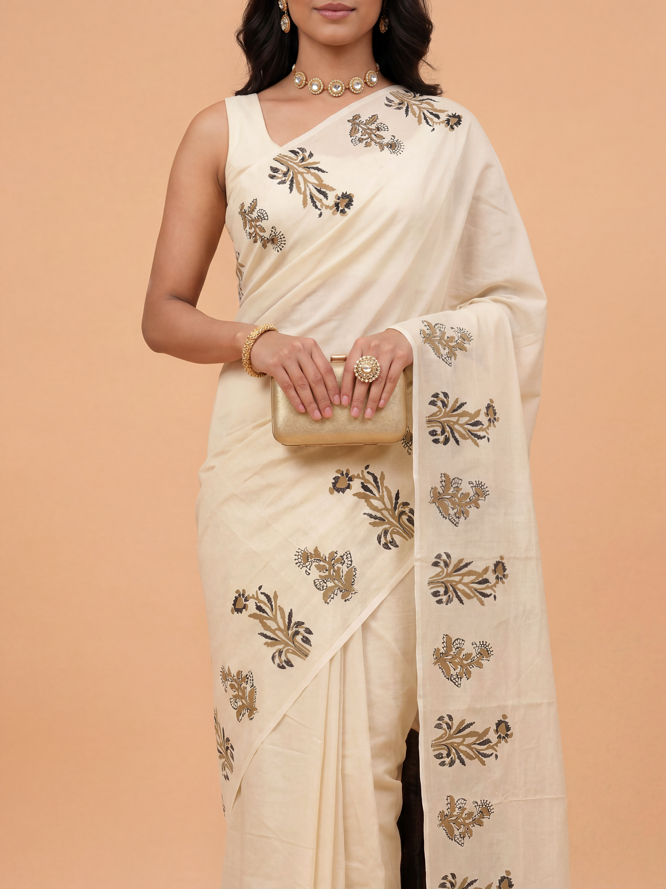 Women Pure Cotton Off White Saree PCS264