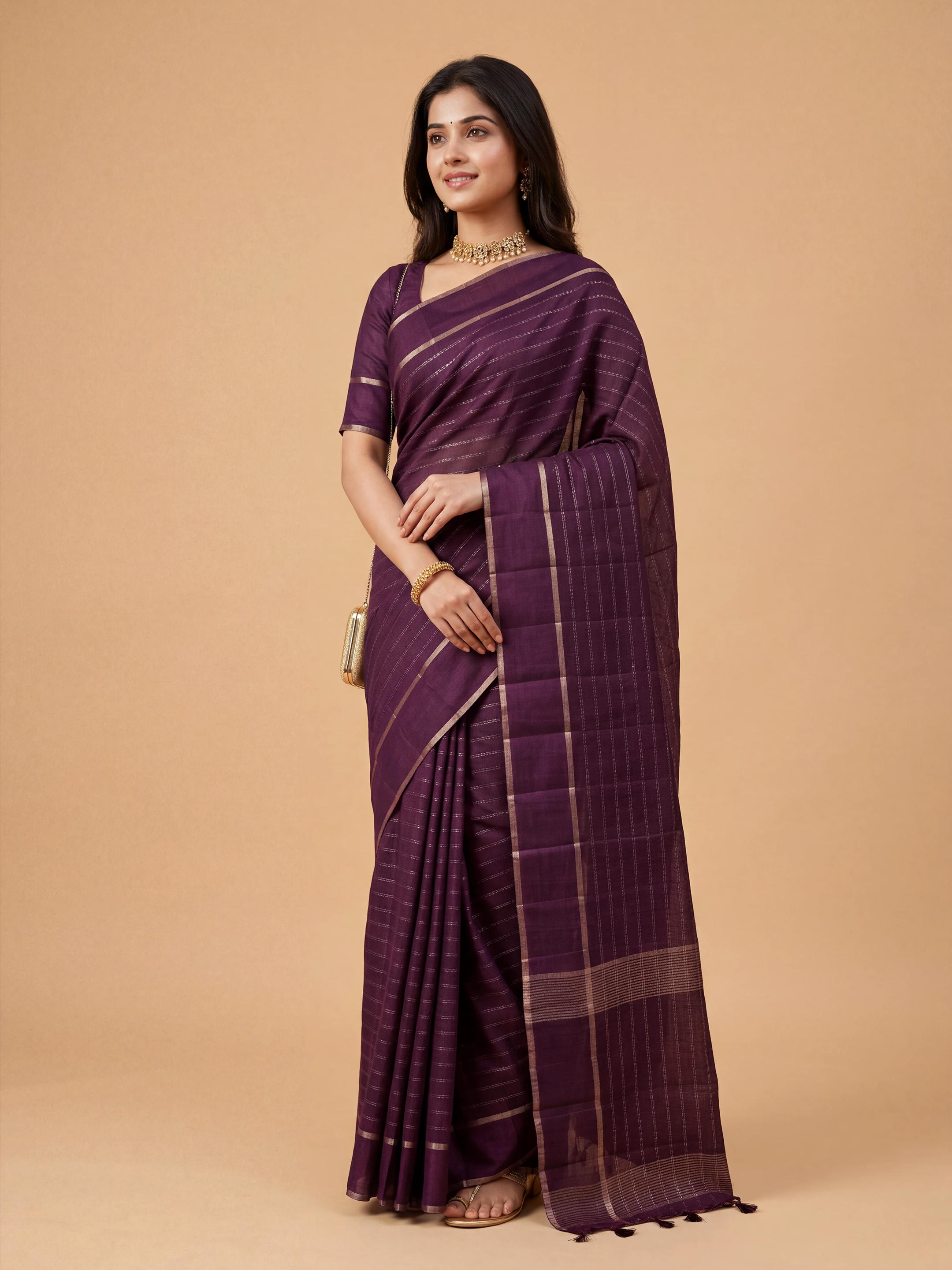 Women Semi Tussar Dark Violet Saree ST331