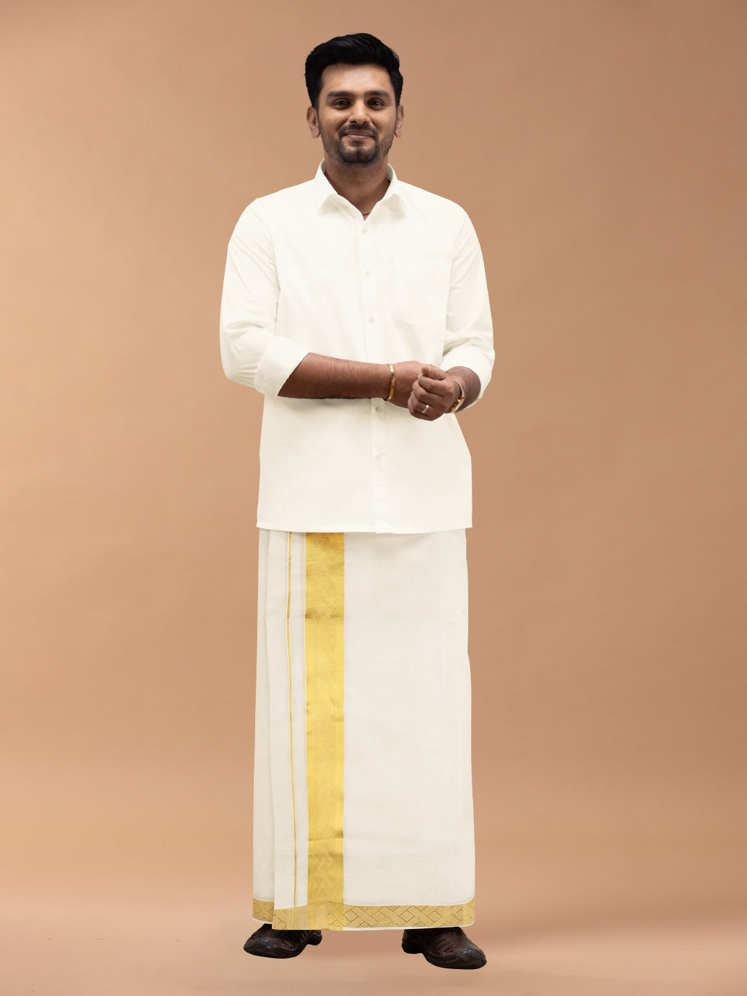 Mens Premium Handloom Dhoti Gold Jari Border HLM06