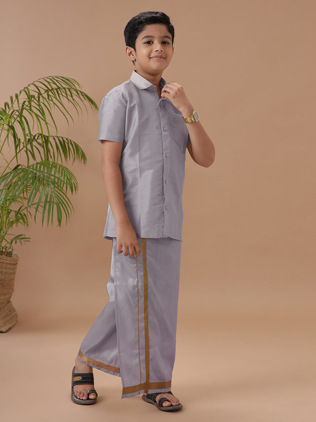 Boys Art silk Shirt & Dhoti Set Violet
