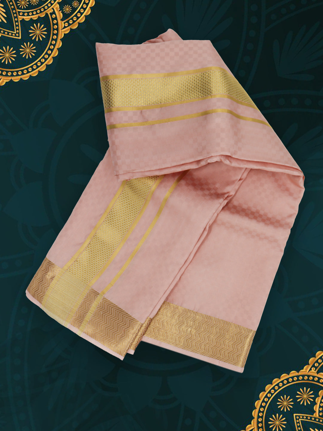 Men Pure Silk Embossed Peach Dhoti & Towel Set with 2 1/2" inch Gold Fancy Jari Border
