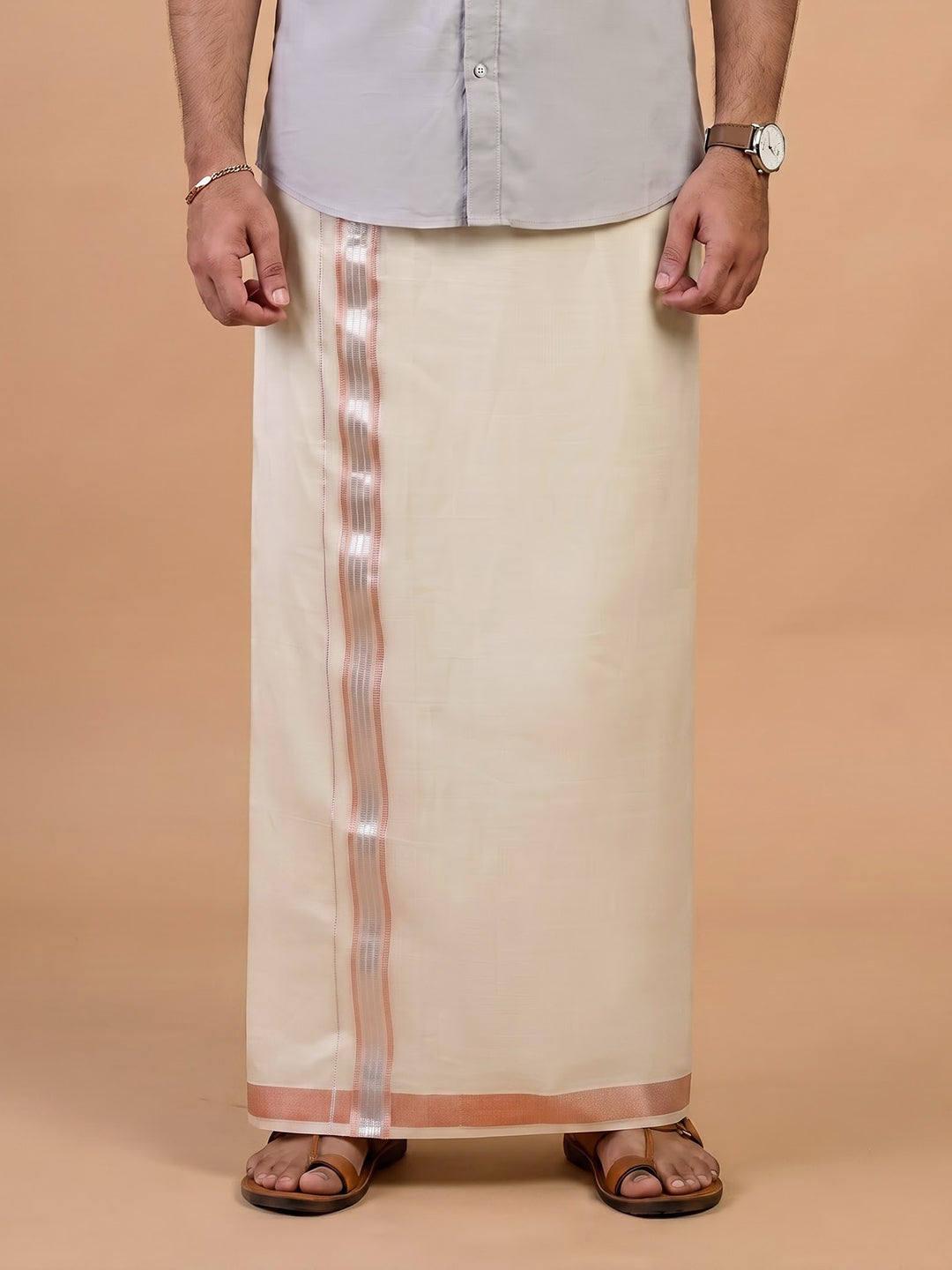 Double Layer Cotton Cream Kora Dhoti with Fancy Jari Border - ECF01