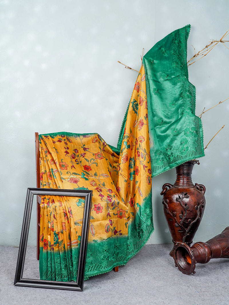 Semi Raw Silk Yellow & Green Colour Printed Saree with Embroidered Border SRS18