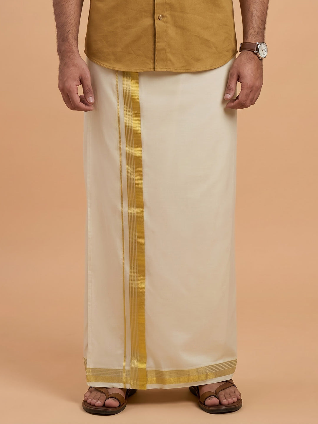 Double Layer Premium Handloom Cream Dhoti with Jari Border - HLM118