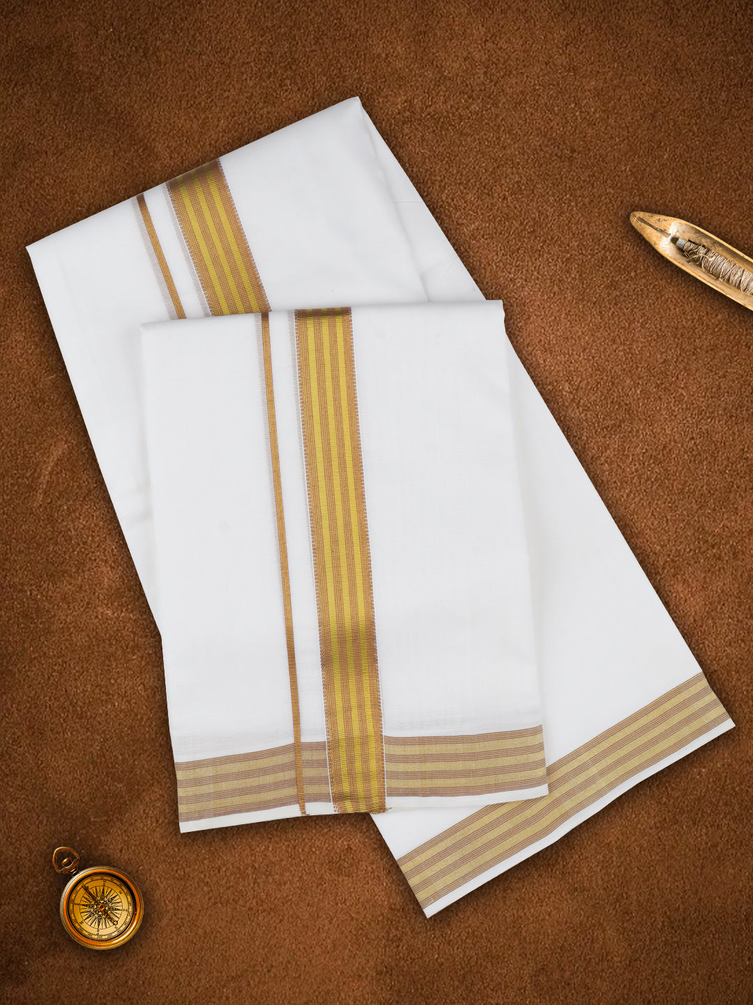 Mens Premium Handloom Dhoti Mustard Fancy Border