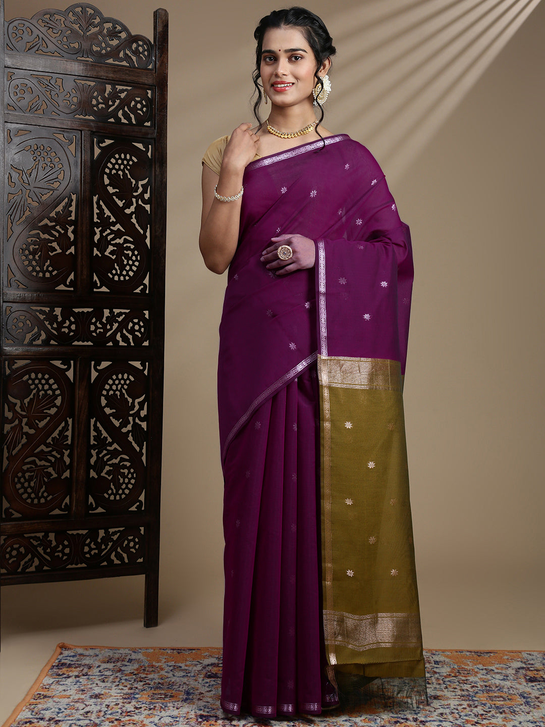 Women Majenta Kora Cotton Fancy Saree SK107