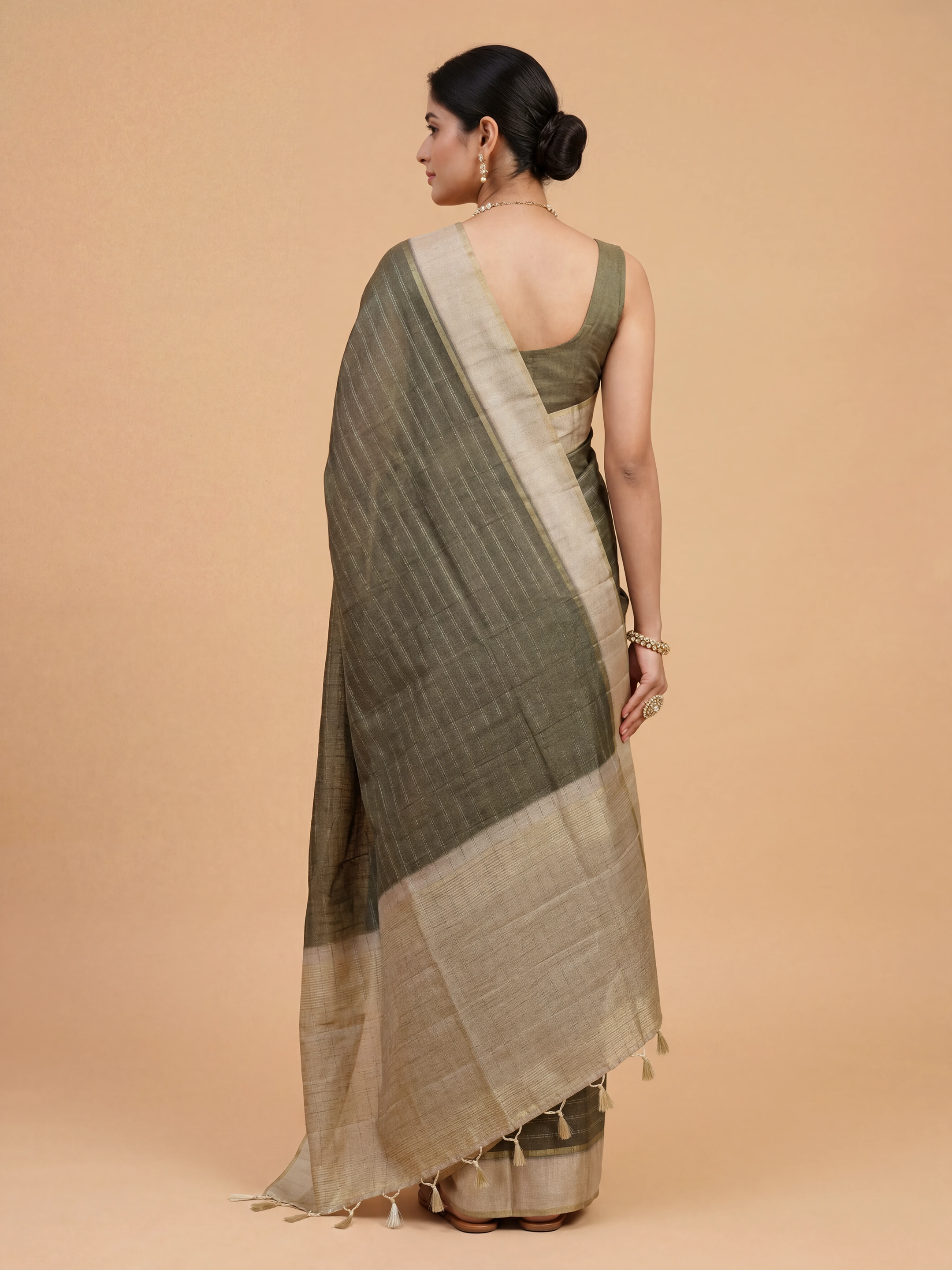 Women Semi Tussar Olive Green Saree ST326