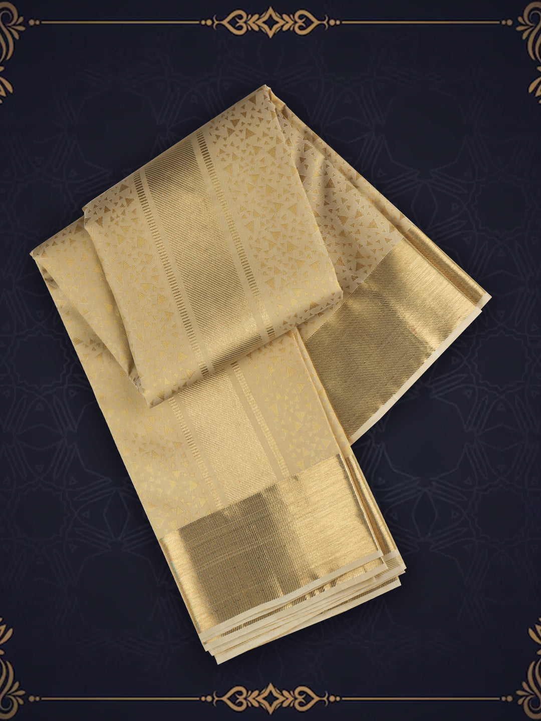 Men Pure Silk Dhoti and Towel Set with 2-gram Gold Jari Border Virutcham