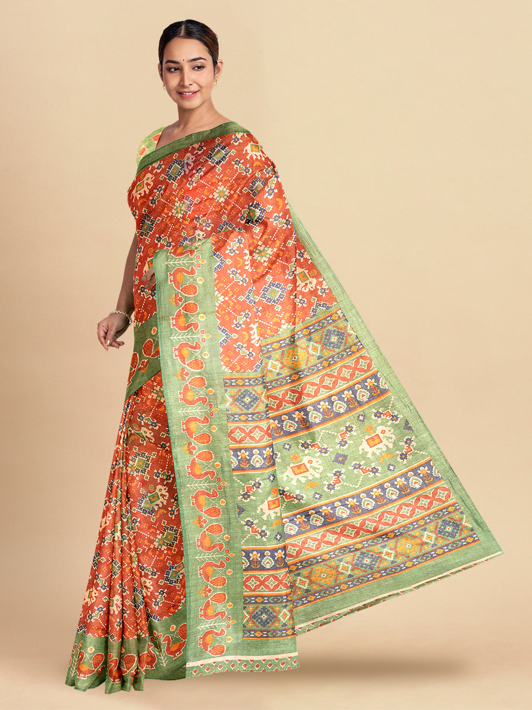 Women Green With Orange Colour Stylish Art Silk Fancy Jari Border Saree SS107