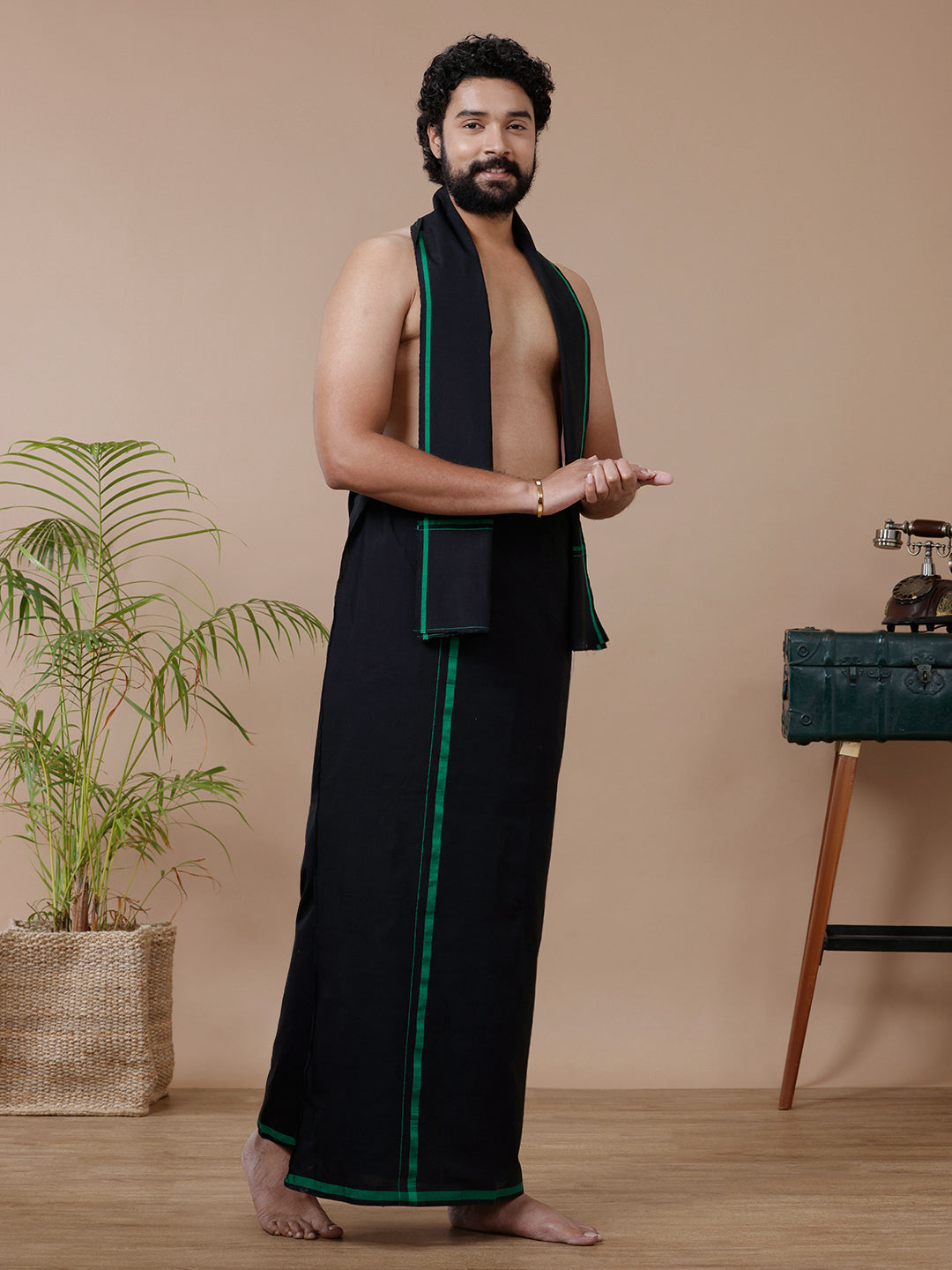 Men Cotton Blend Single Layer Black Dhoti & Towel Set with Green Big Border Sukran