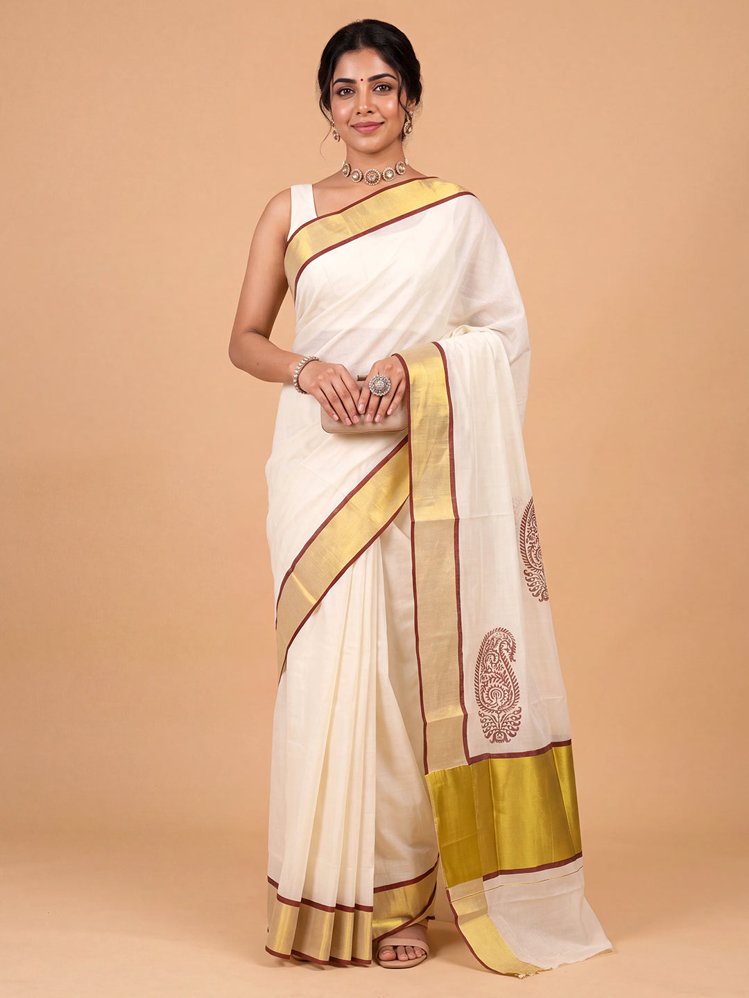 Women Kora Cotton Cream Printed Saree with Gold Jari KLS61