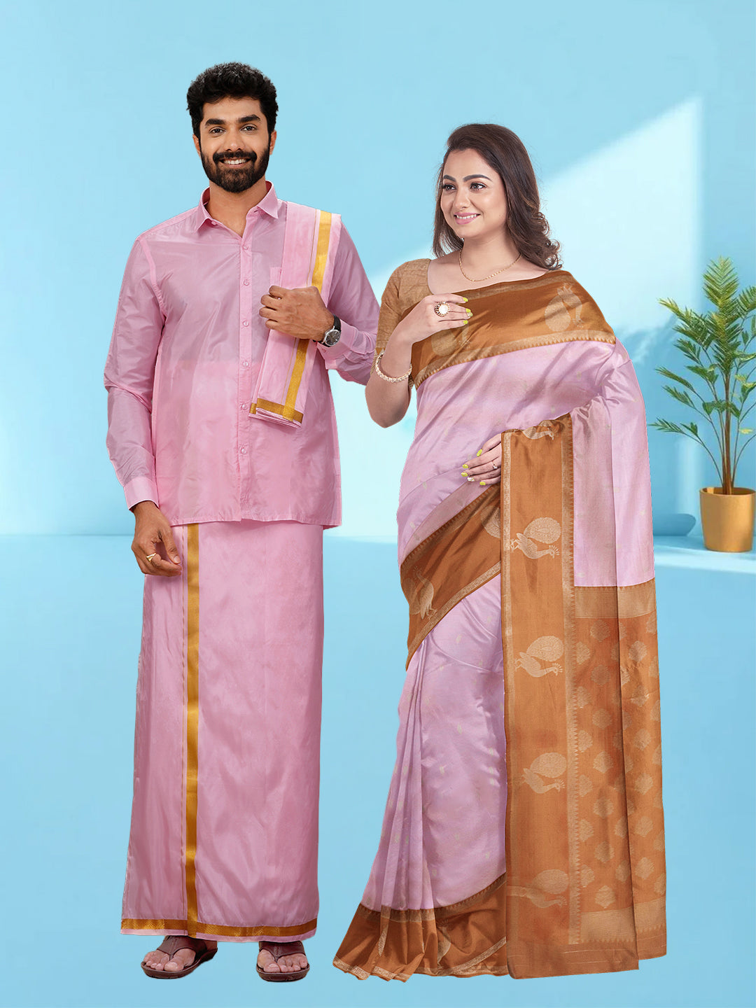 Couple Combo Shirt & Dhoti Set with Saree Pink SS382