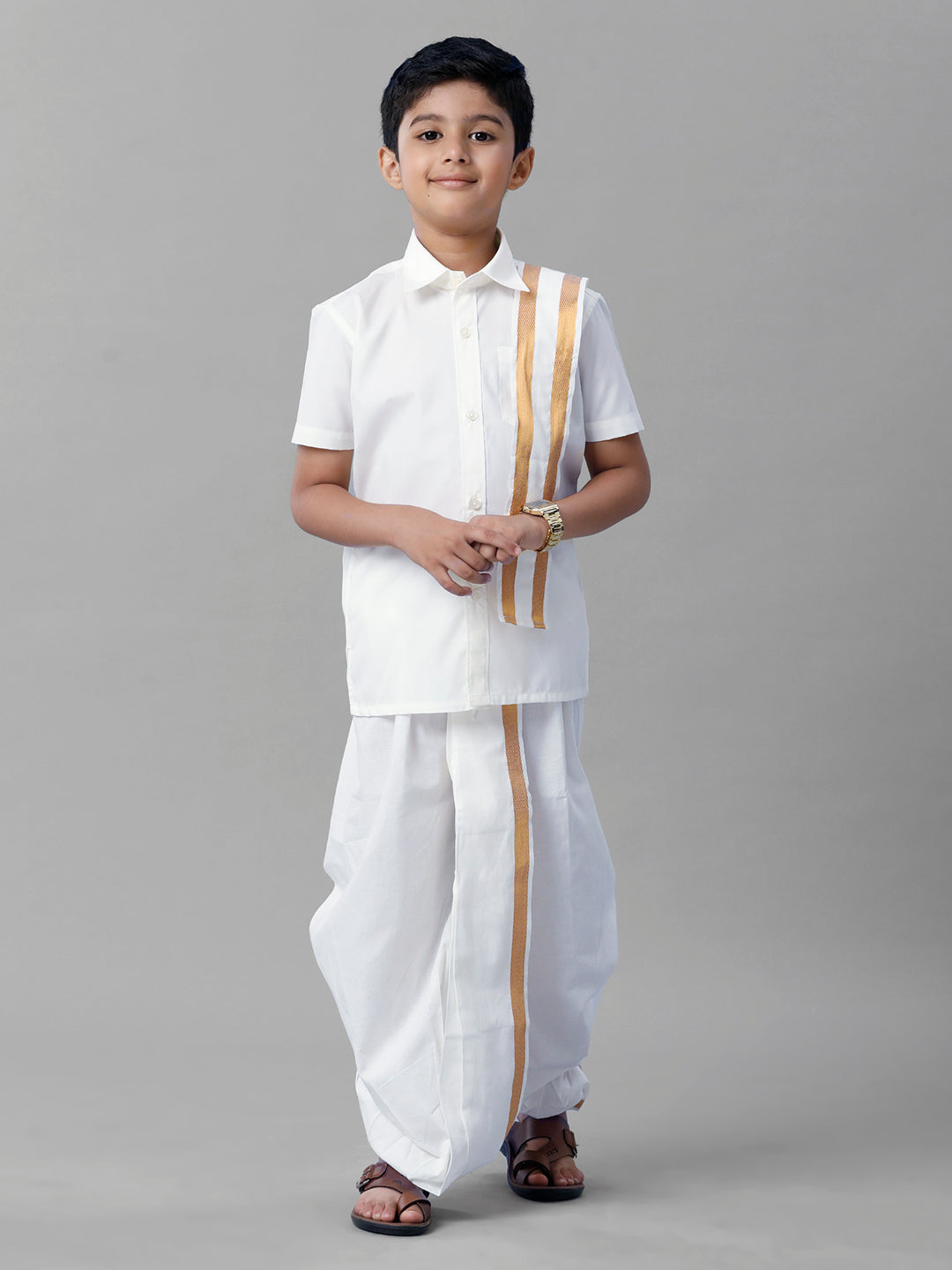 Boys Cotton White Half Sleeves Shirt Panchakacham Towel Combo