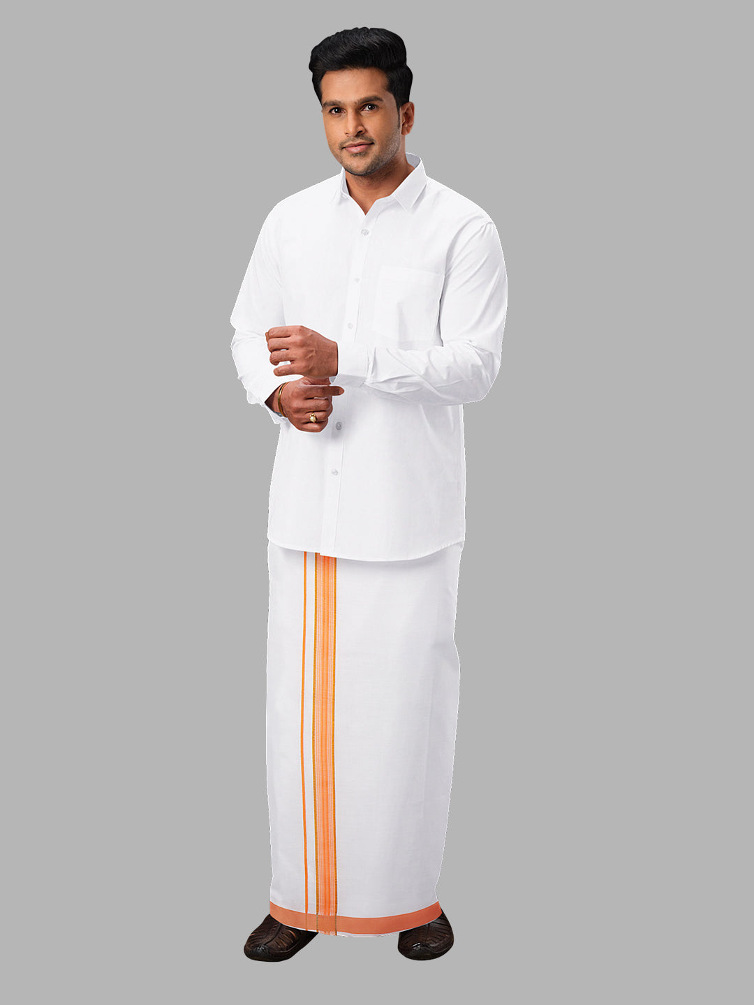 Men Orange Adjustable Pocket Dhoti with Fancy Border GACJ19