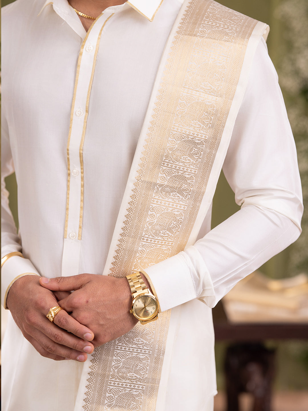 Premium Pure Silk Gold Jari Elephant Design Dhoti Shirting & Towel Set with 5" Jari Border – Rajadharbar