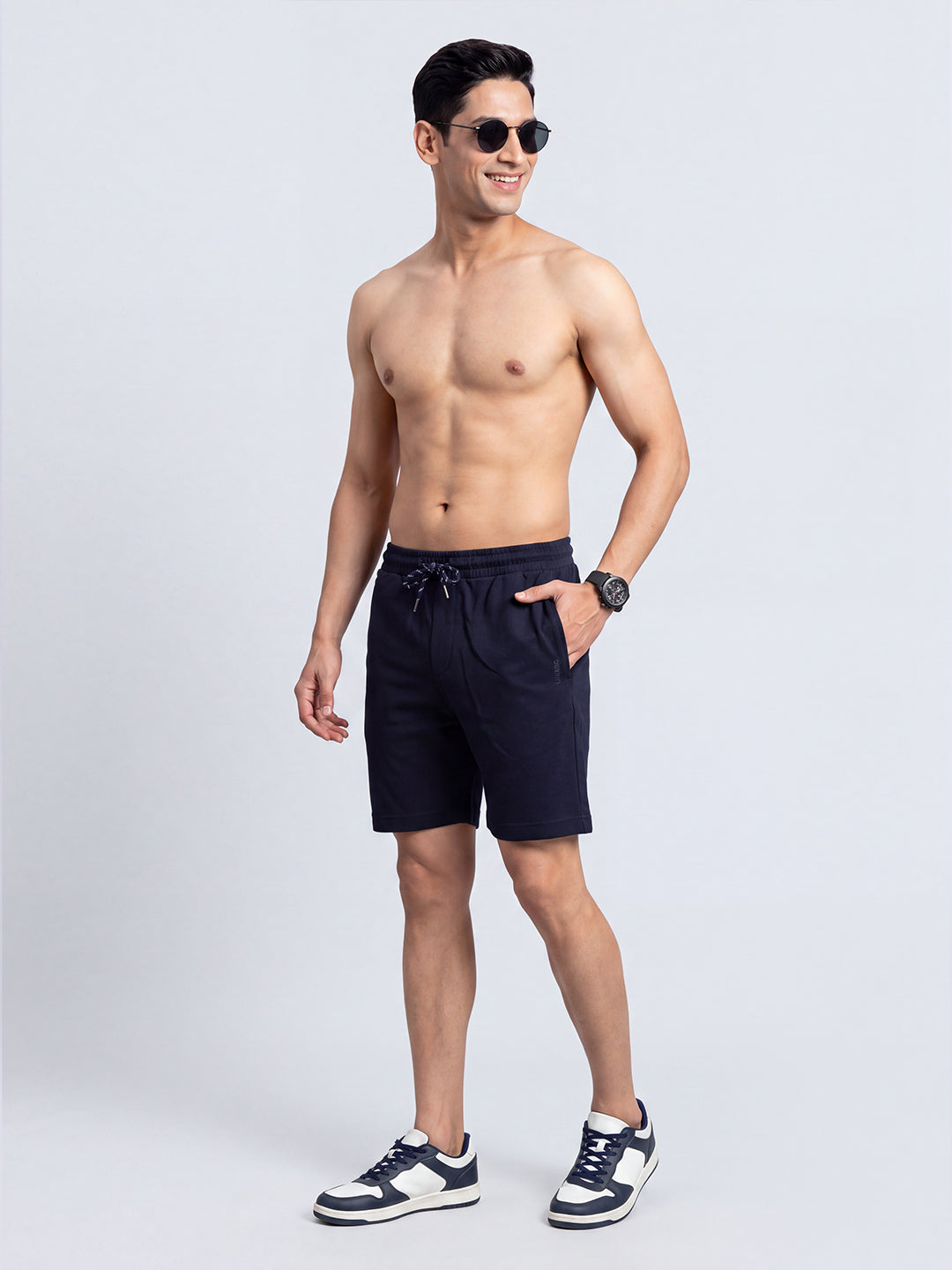 Cotton Rich Popcorn Structured Fabric Navy Shorts PS1