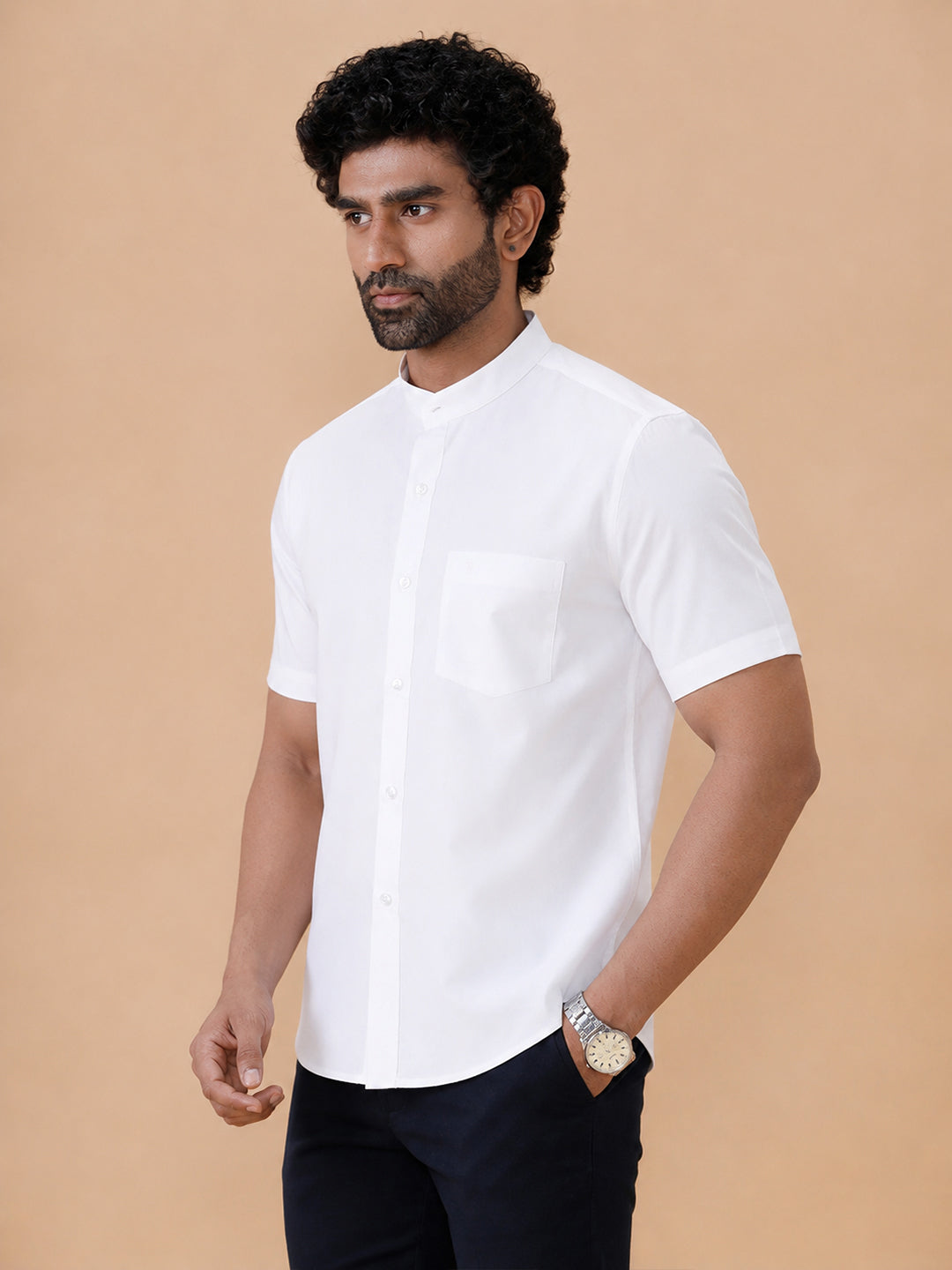 Chinese Collar Cotton White Shirt – Aura | Smart Fit
