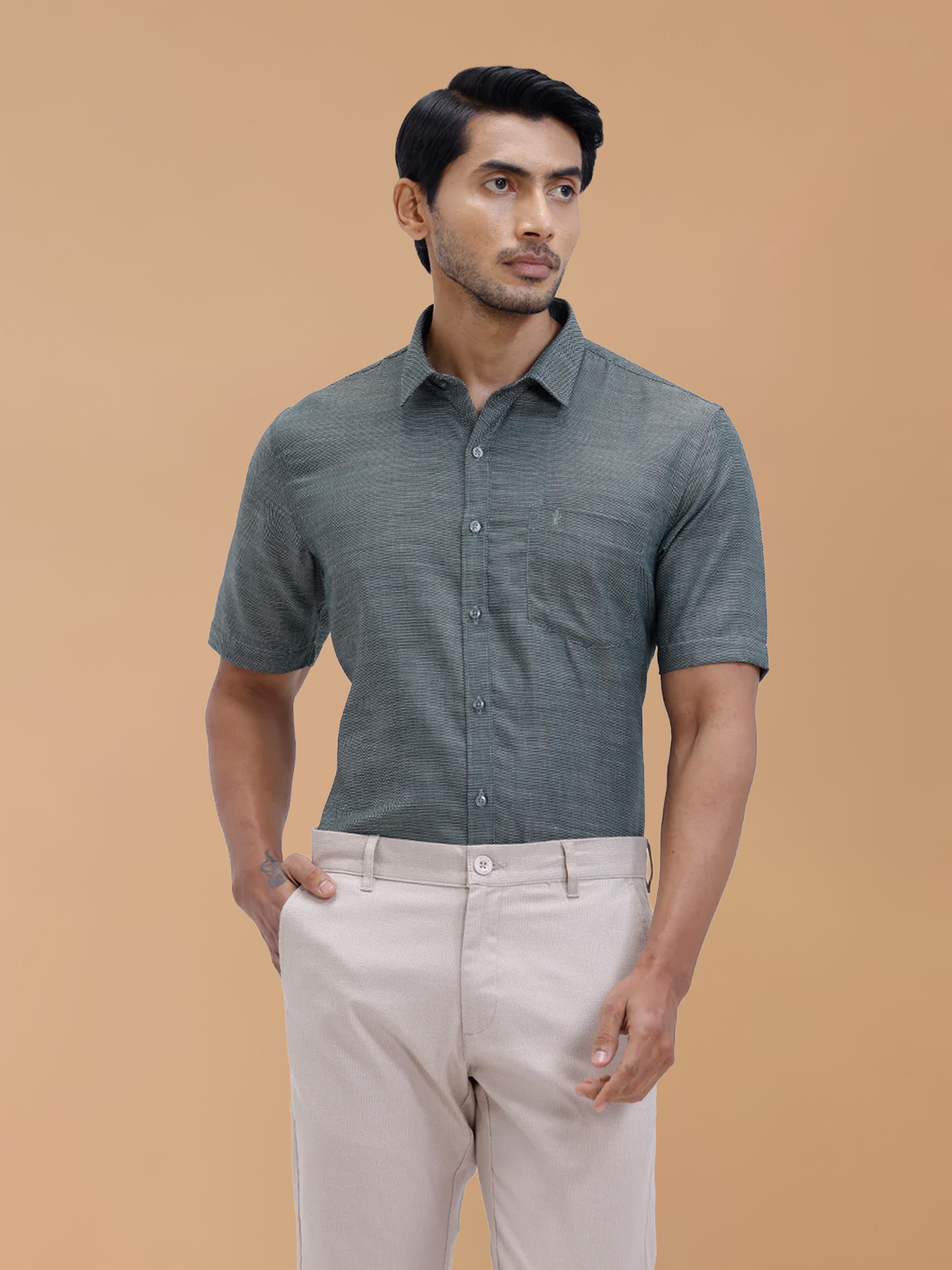 Cotton Rich Green Dobby Regular Fit Shirt T59 AIT3